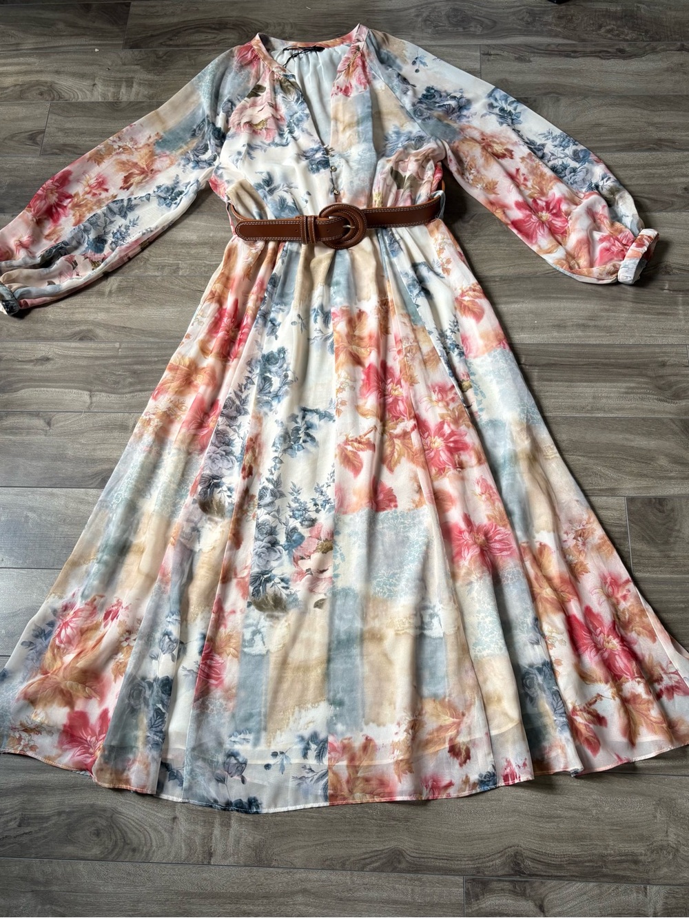 NWT Zara Chiffon Floral Maxi Dress with Belt